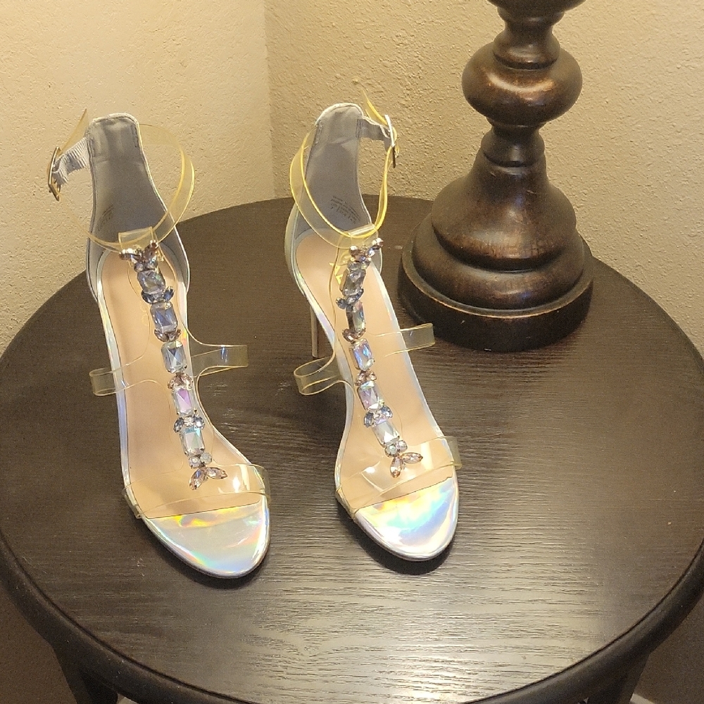 Elegant Clear Strap Heels with Crystal Accents Size 7